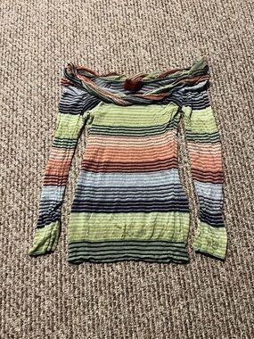 Vintage Missoni Off-Shoulder Stripe Knit Sweater in Green, Coral, Navy and Cream